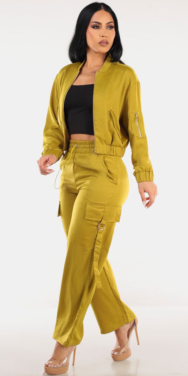 Satin Zip Up Lime Pants Trio