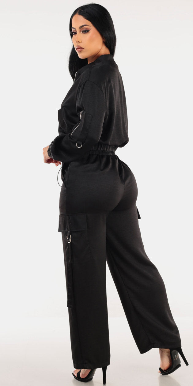 Satin Zip Up Black Pants Trio