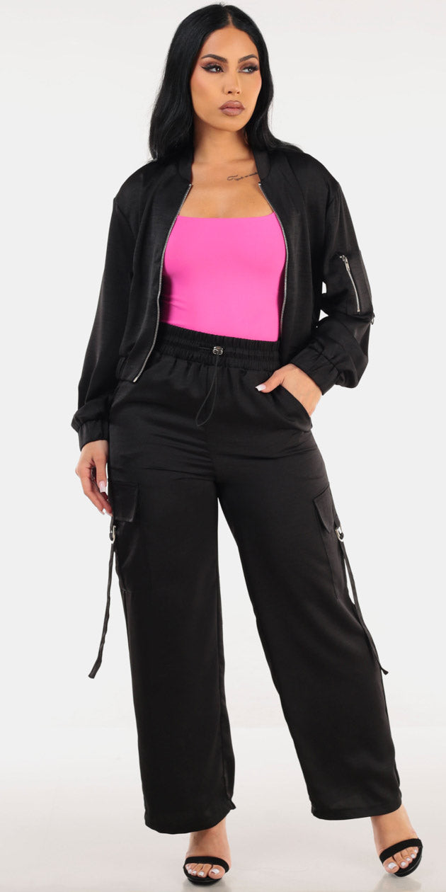 Satin Zip Up Black Pants Trio