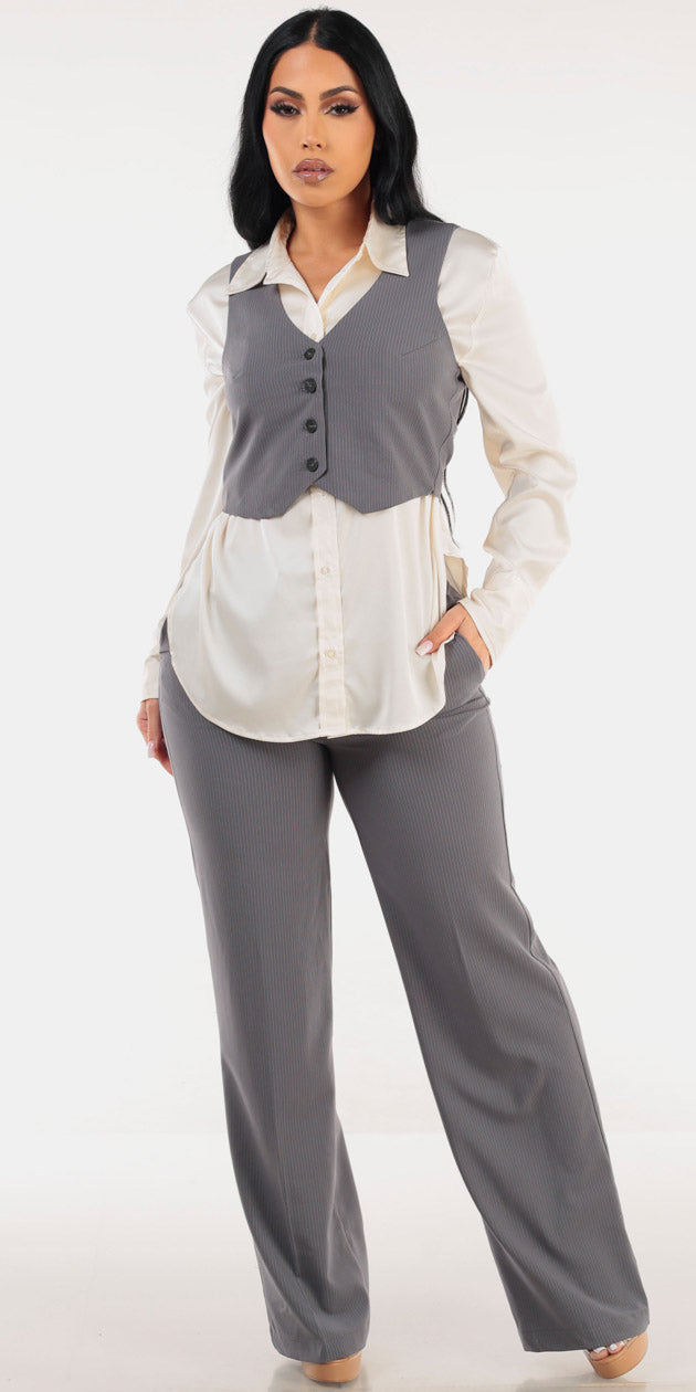 Stripe Vest Satin Dress Pants Trio