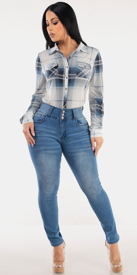 Plaid Butt Lift Denim Set