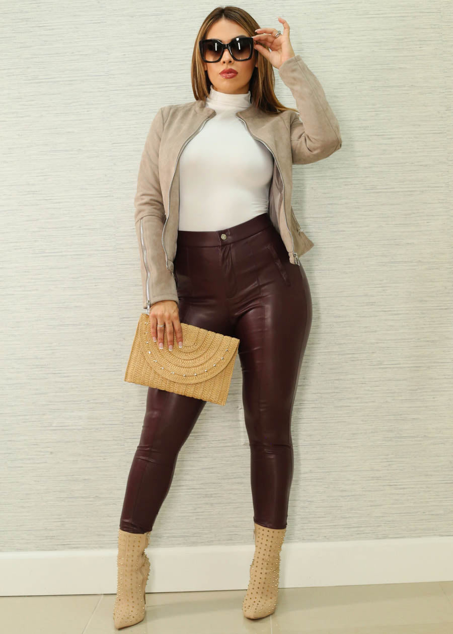 Super High Waist Vegan Leather Skinny Pants Burgundy