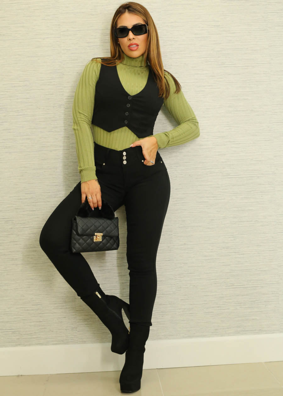 Long Sleeve Ribbed Turtleneck Sweater Light Olive