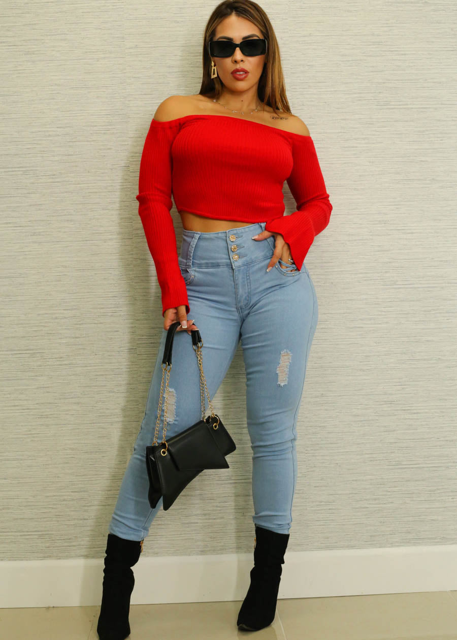 Off Shoulder Long Sleeve Red Cropped Sweater