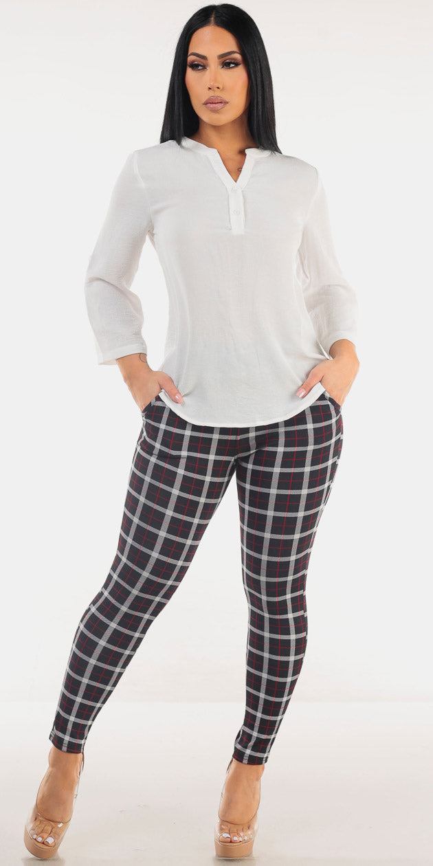 White Butt Lift Plaid Pants Set