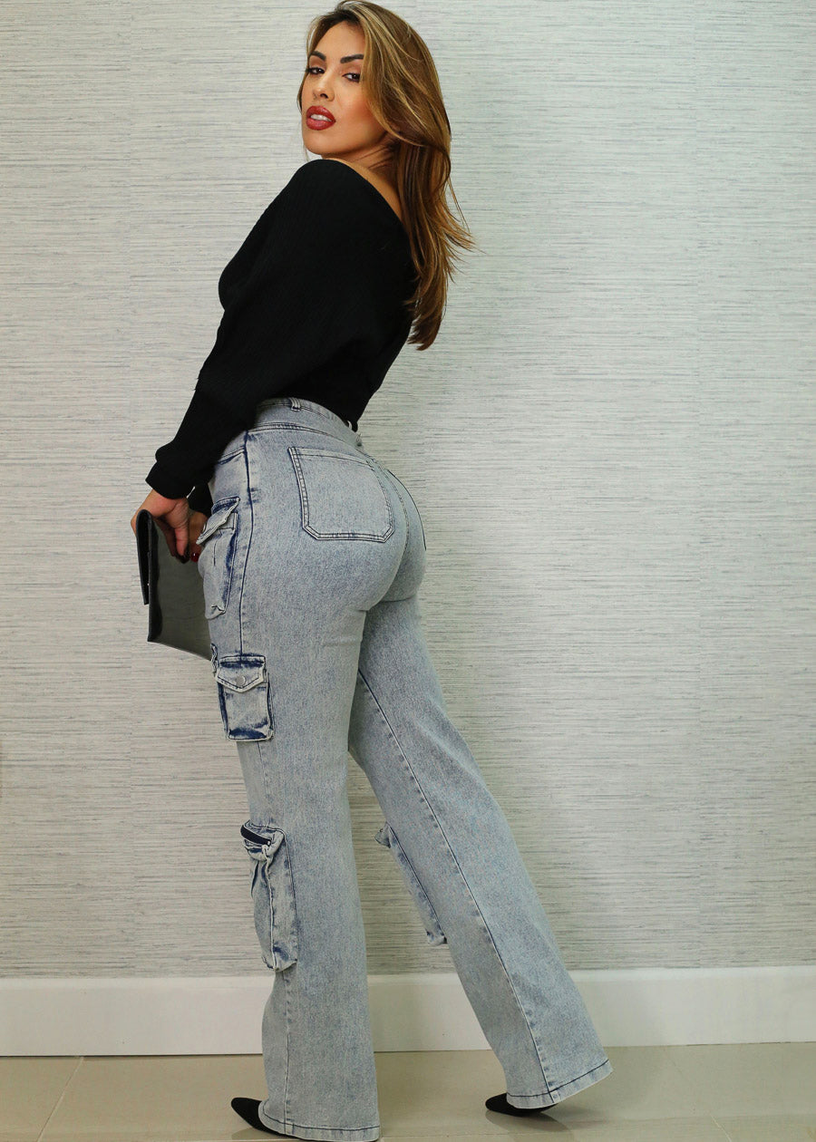 High Waist Acid Wash Utility Cargo Jeans