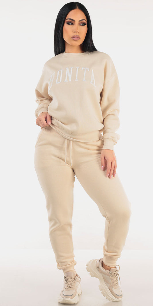 Beige Fleece Jogger Look