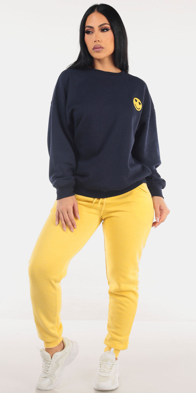 Navy Fleece Yellow Joggers Look