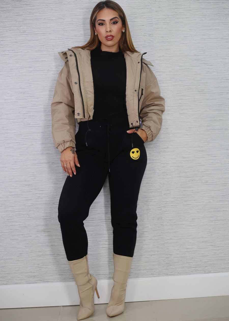 Khaki Zip Up Puffer Cropped Hooded Jacket