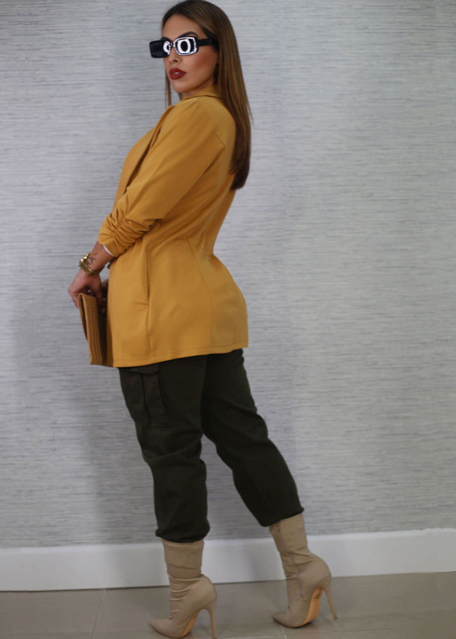 Formal Open Front Quarter Sleeve Blazer Mustard