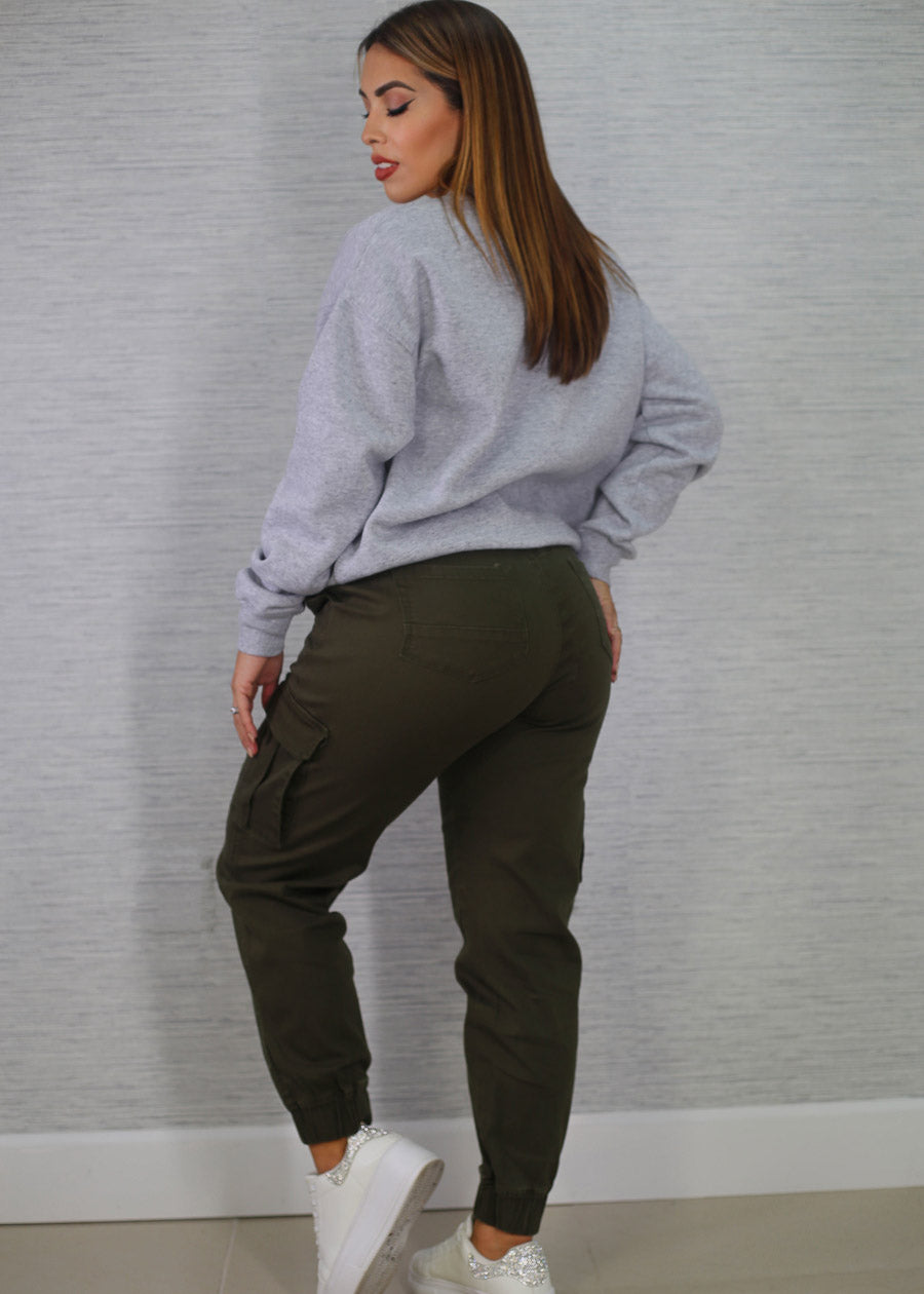 High Waist Hyper Stretch Cuffed Cargo Jogger Pants Olive