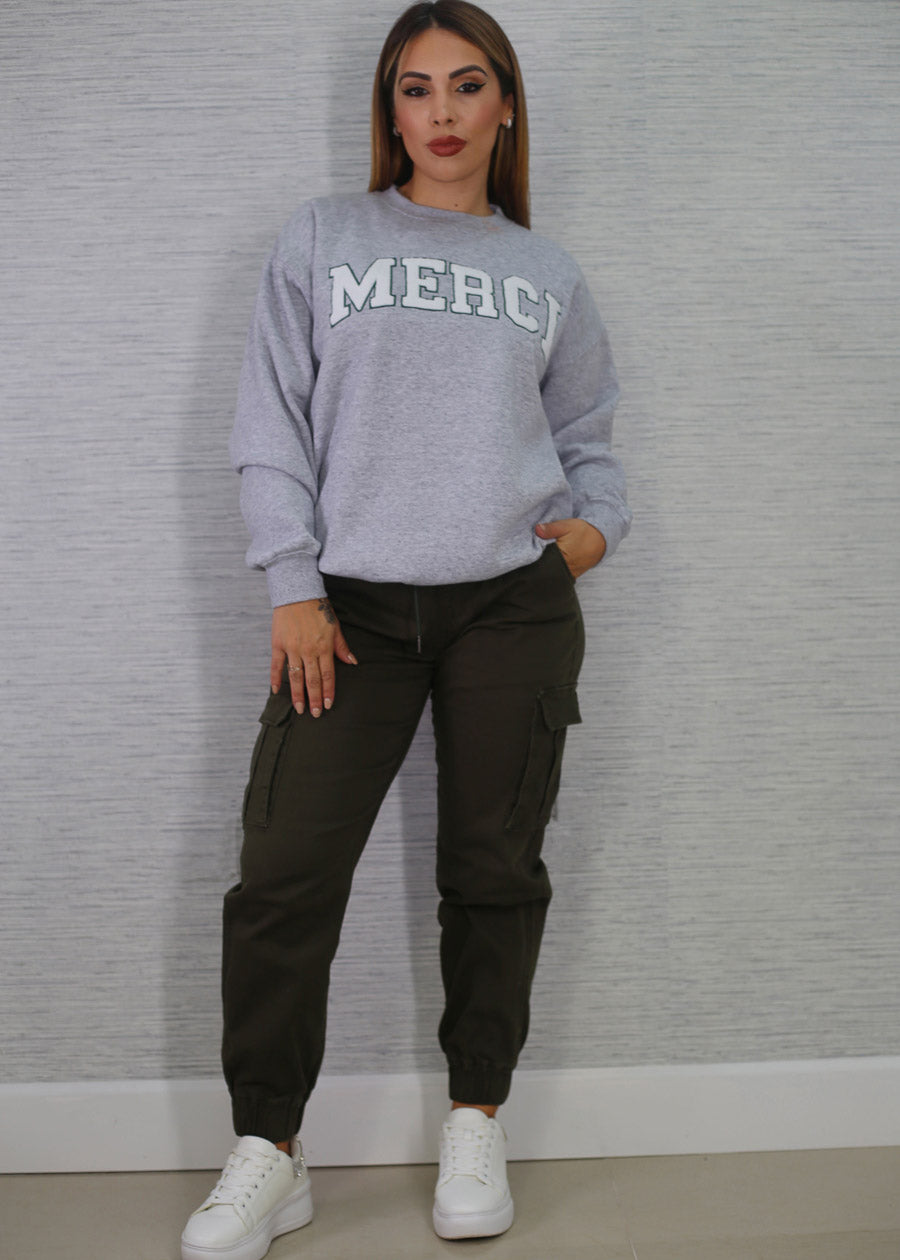 Relaxed Fit Fleece Sweatshirt Heather Grey "Merci"