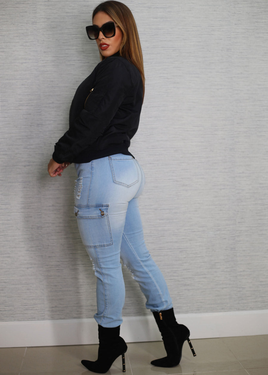 High Waist Distressed Cargo Jogger Jeans Light Blue