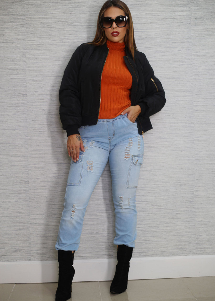 Long Sleeve Ribbed Turtleneck Sweater Rust