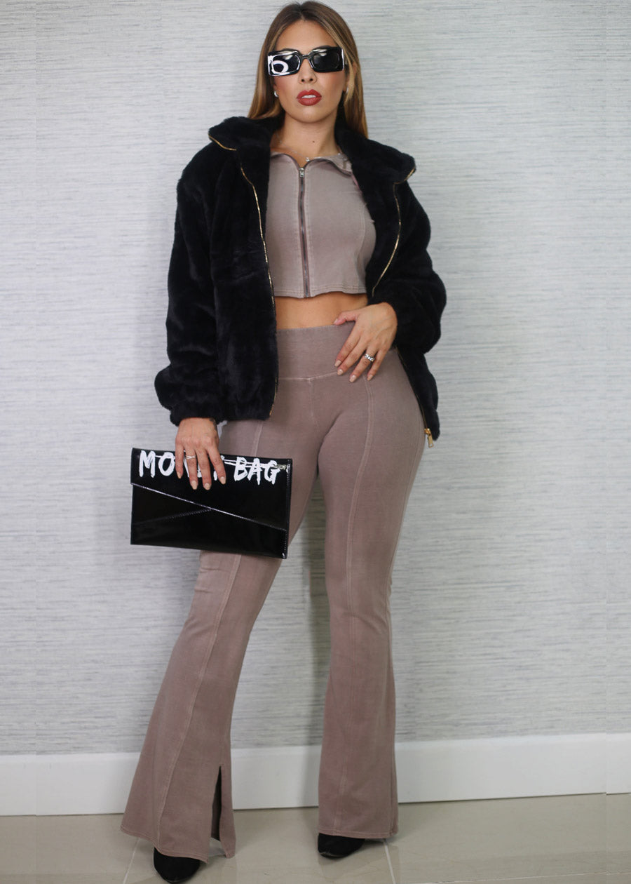 Zip Up Crop Jacket & Flared Pants Mocha (2 PCE SET)