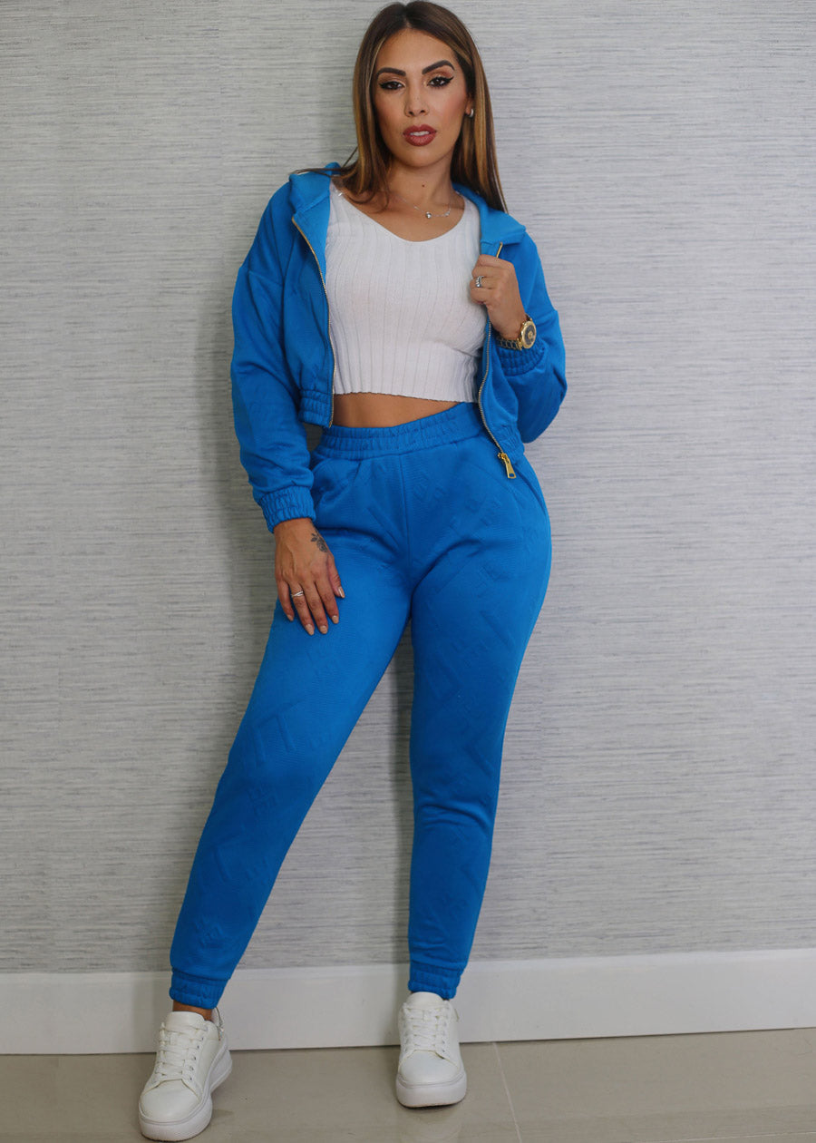 Crop Zip Up Jacket & Jogger Pants Blue (2 PCE SET)