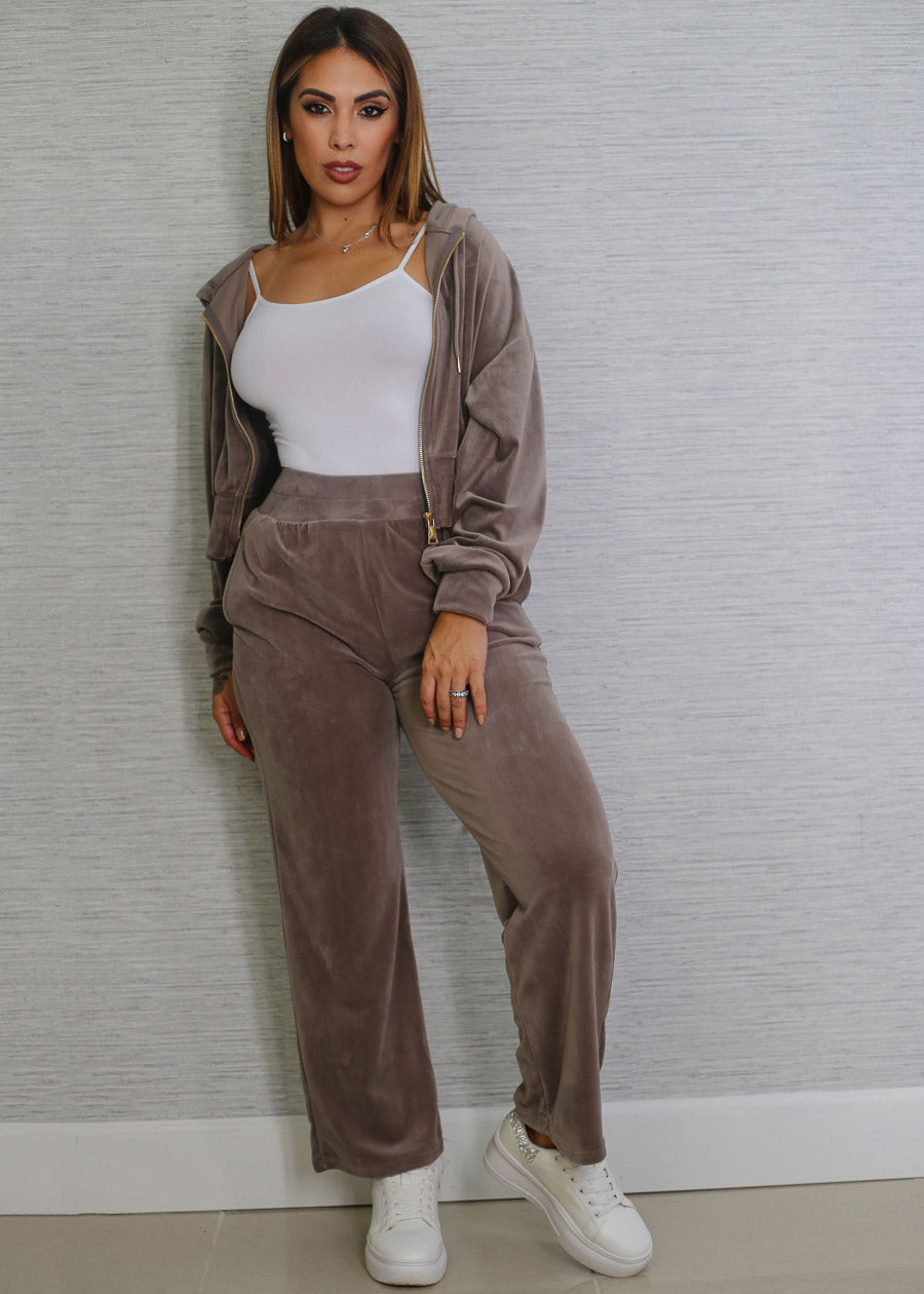 Hooded Zip Up Velvet Tracksuit Mocha (2 PCE SET)