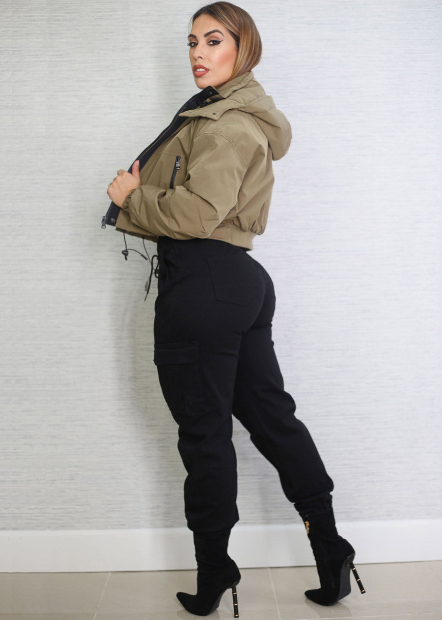 Black High Waist Hyper Stretch Cuffed Cargo Jogger Pants