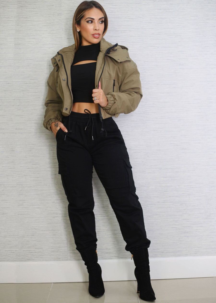 Long Sleeve Black Mock Neck Cut Out Crop Top