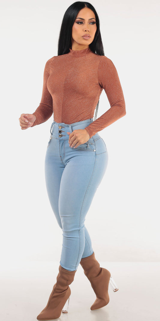 Mock Neck Butt Lift Denim Set