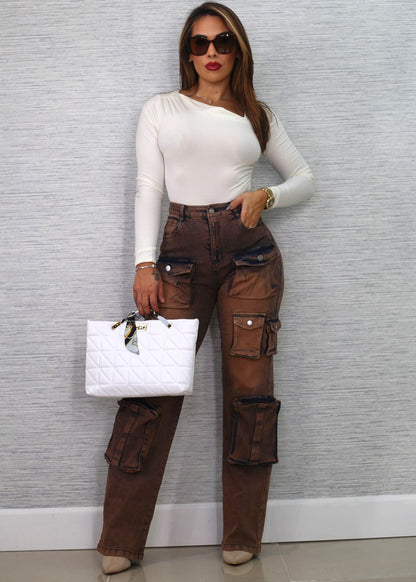 High Waist Acid Wash Utility Cargo Jeans Brown