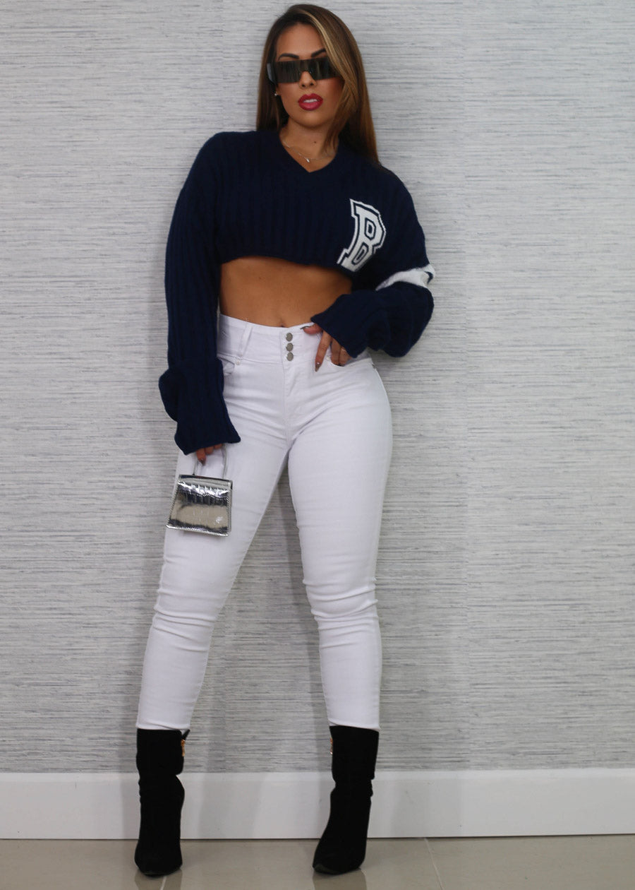 Long Sleeve Varsity Crop Knit Sweater Navy