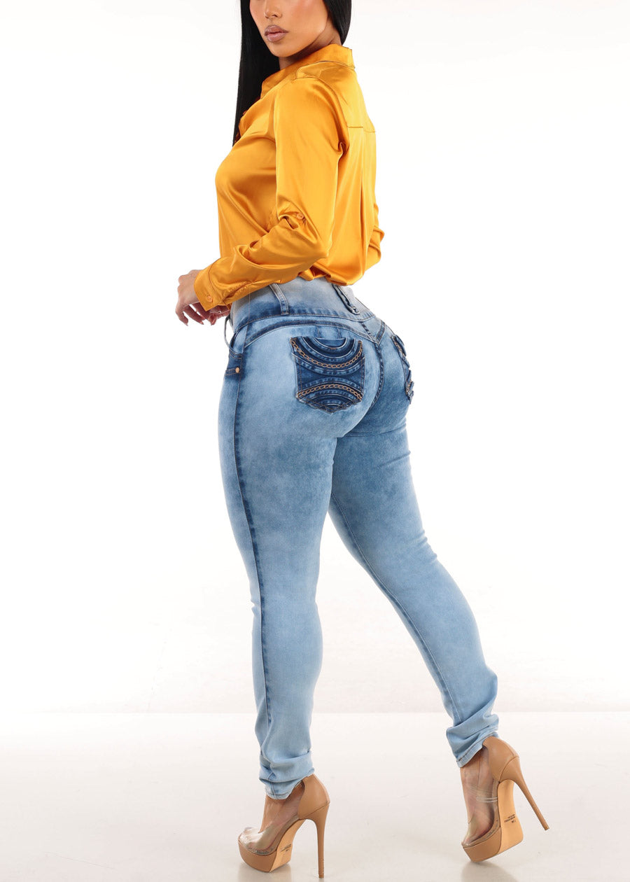 MX JEANS Light Acid Wash Butt Lift Mid Rise Skinny Jeans