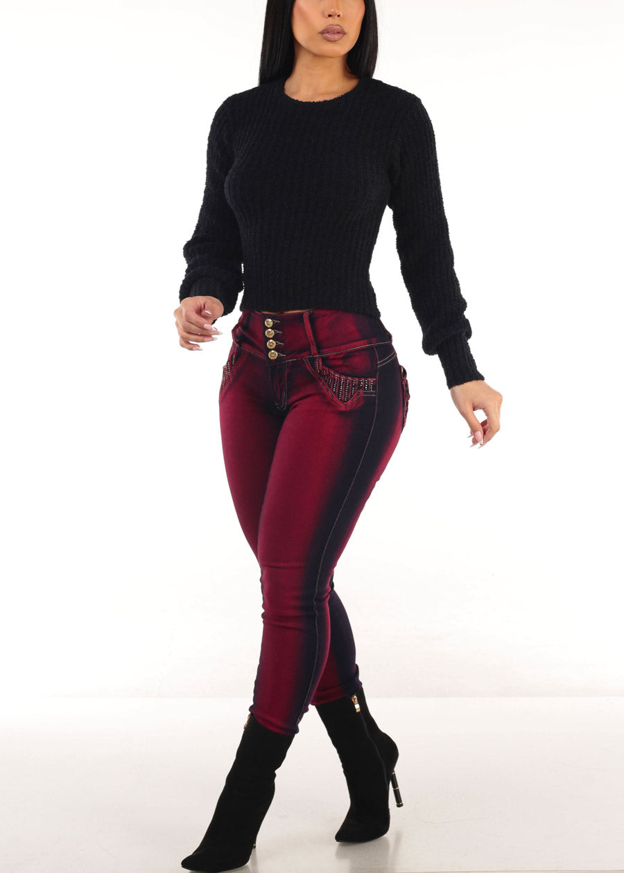 MX JEANS Levantacola Mid Rise Burgundy Skinny Jeans