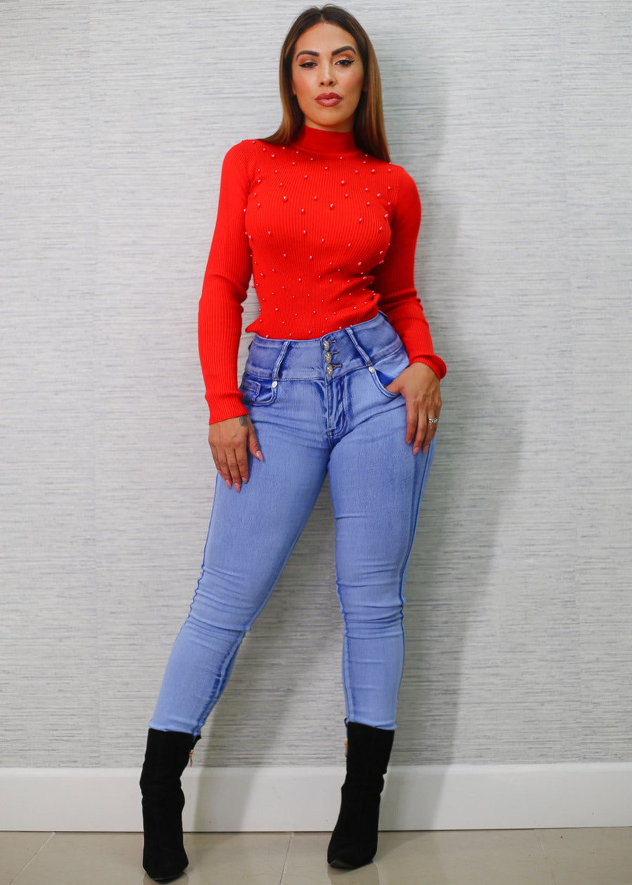 Long Sleeve Mock Neck Pearl Sweater Red