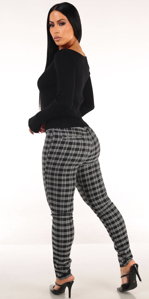 Black Plaid Skinny Pants Set