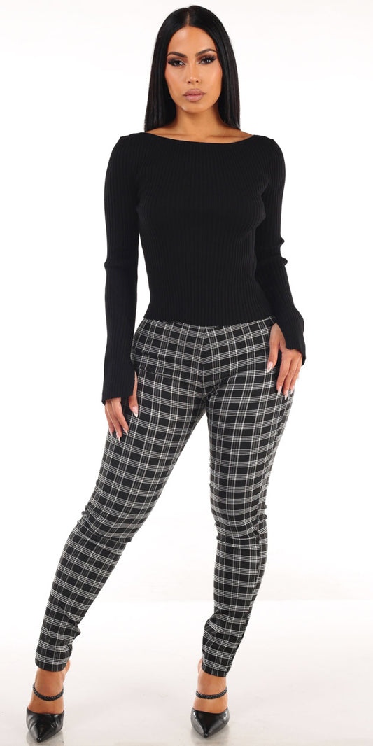 Black Plaid Skinny Pants Set