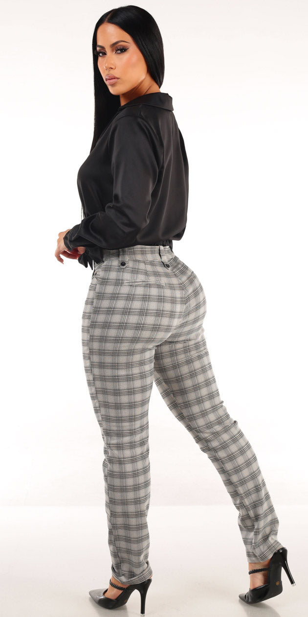 Satin Butt Lift Plaid Pants Look