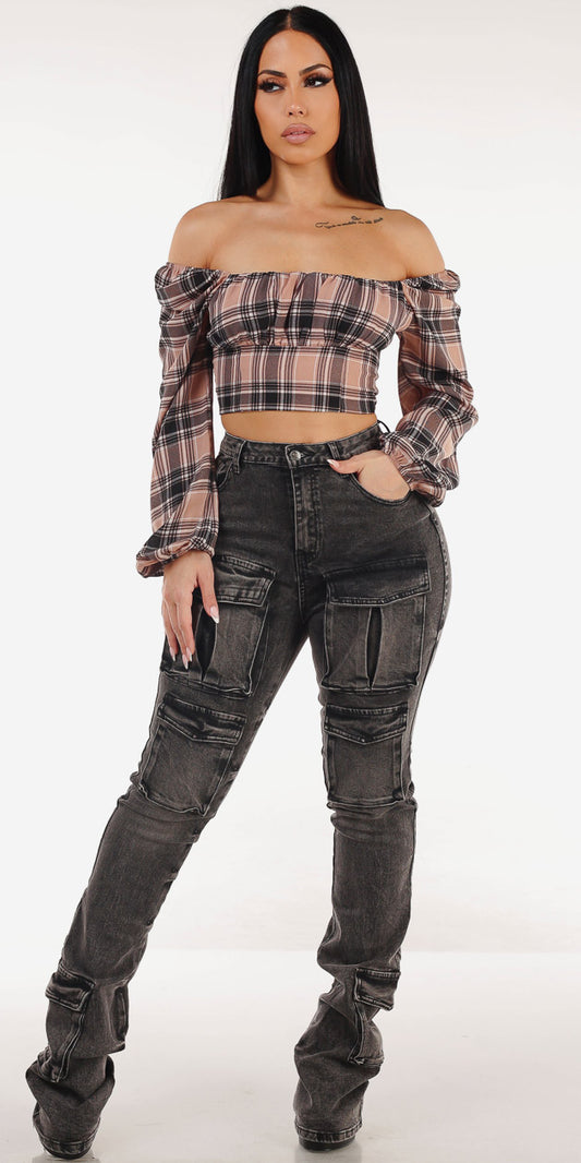 Plaid Cargo Denim Look