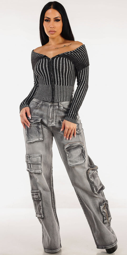 Stripe Cargo Denim Set