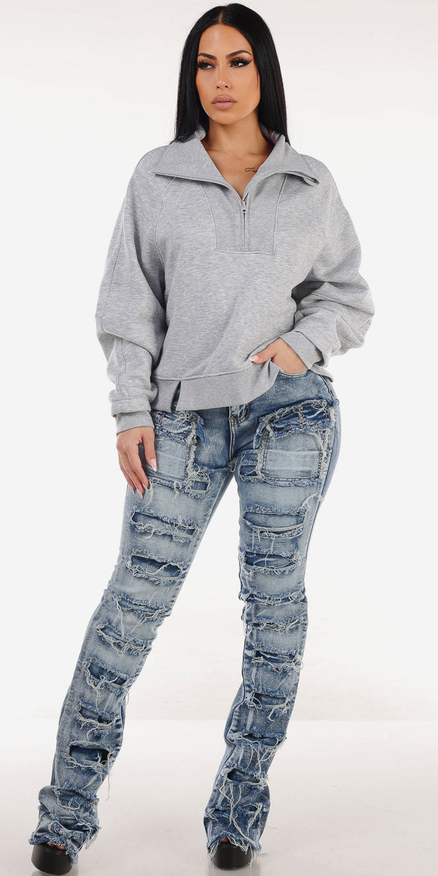 Grey Ripped Cargo Denim Set