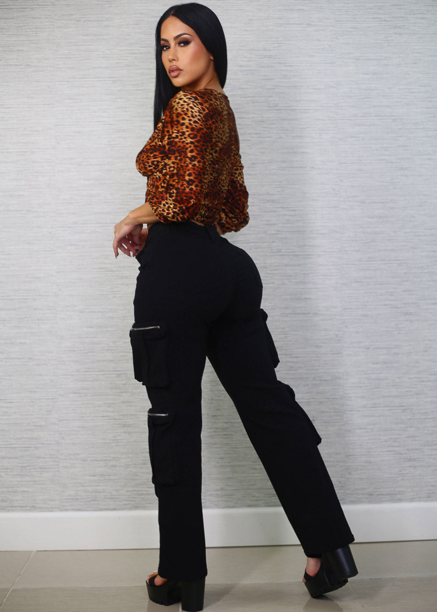 High Waist Hyper Stretch Straight Wide Leg Cargo Pants Black