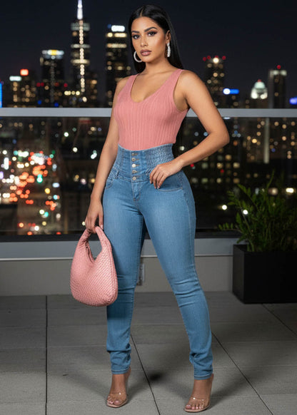 Sleeveless Vneck Knitted Stretch Top Rose