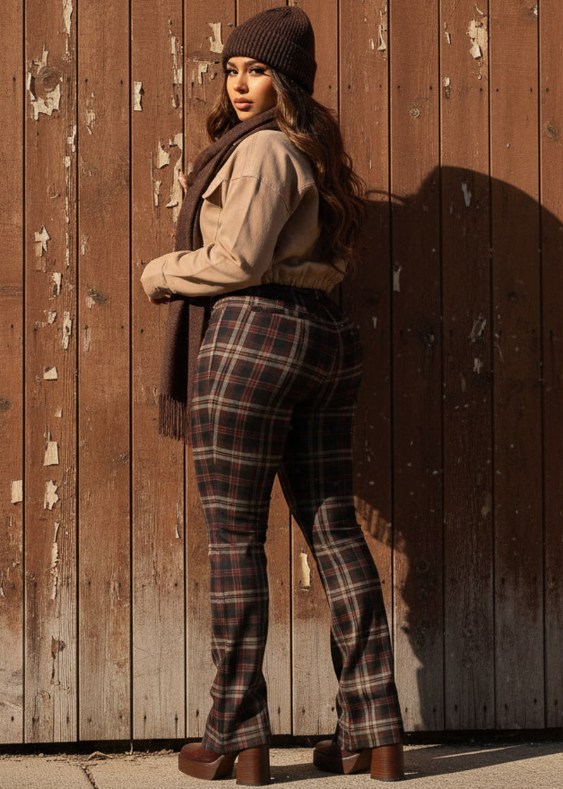 High Waist Plaid Bootcut Stretch Dress Pants Brown