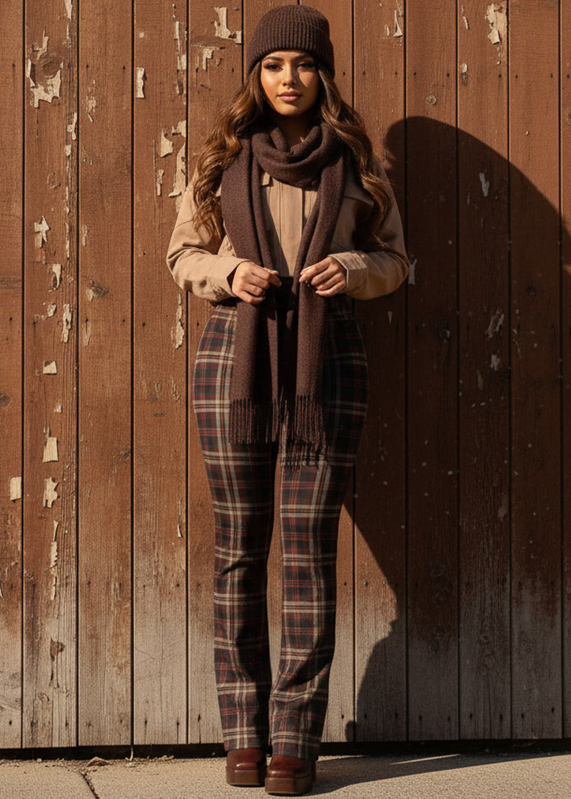 High Waist Plaid Bootcut Stretch Dress Pants Brown