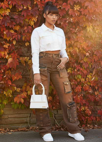 Long Sleeve Zip Up Stretch Cotton Cropped Jacket White