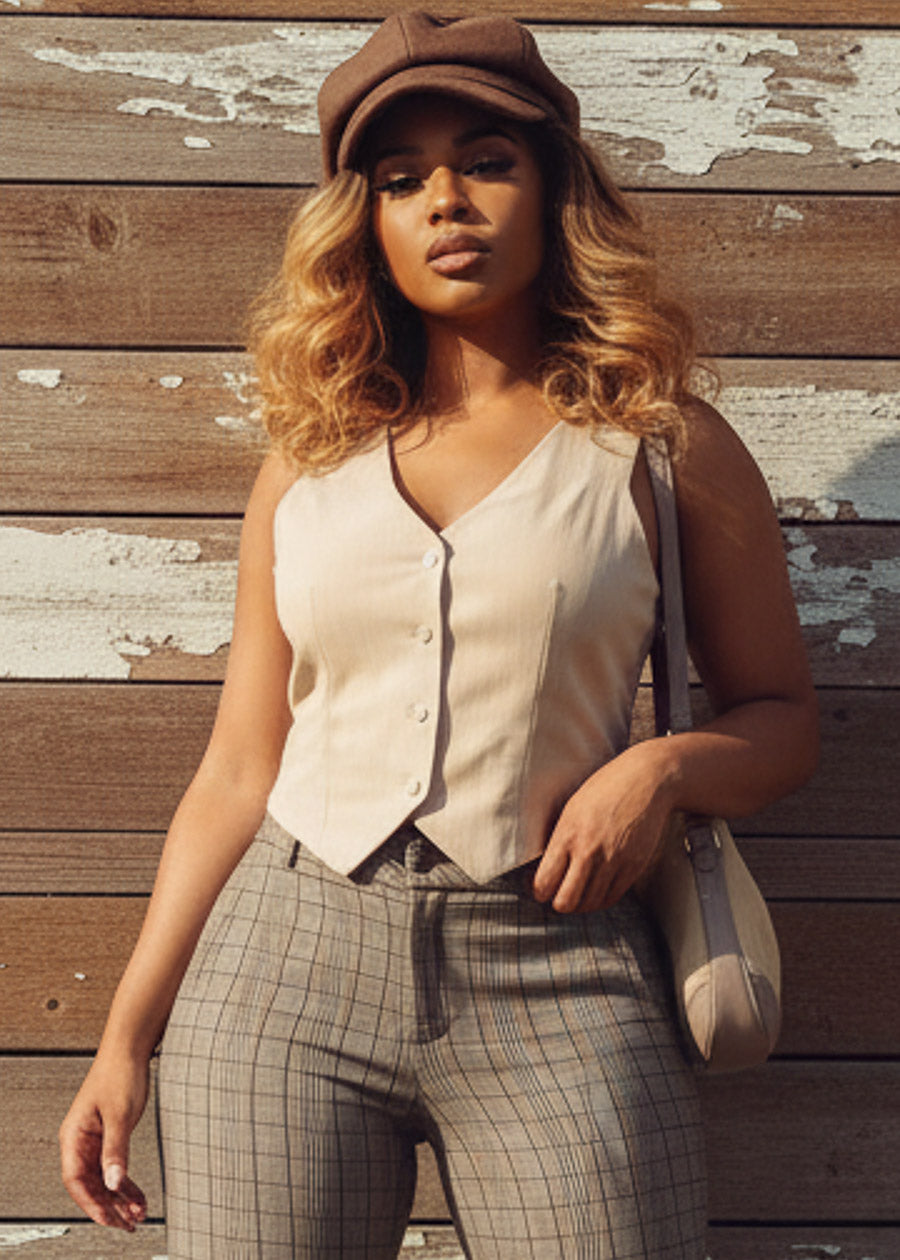 Sleeveless  Button Up Stripe Vest Top Beige