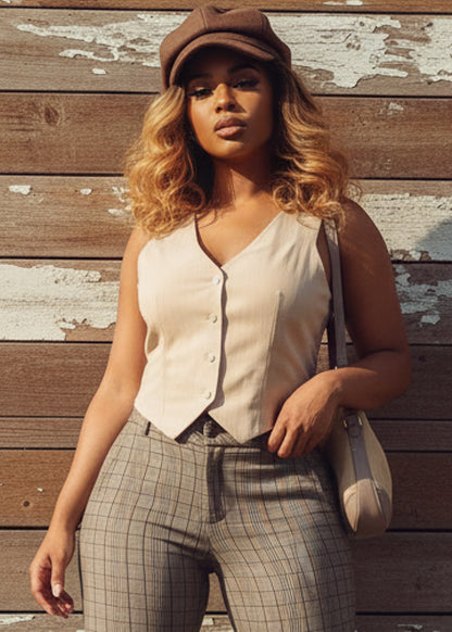 Sleeveless  Button Up Stripe Vest Top Beige