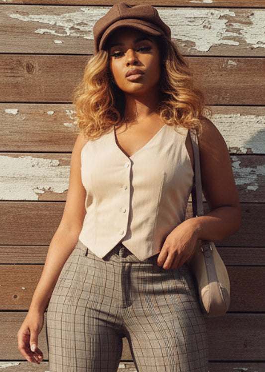 Sleeveless  Button Up Stripe Vest Top Beige