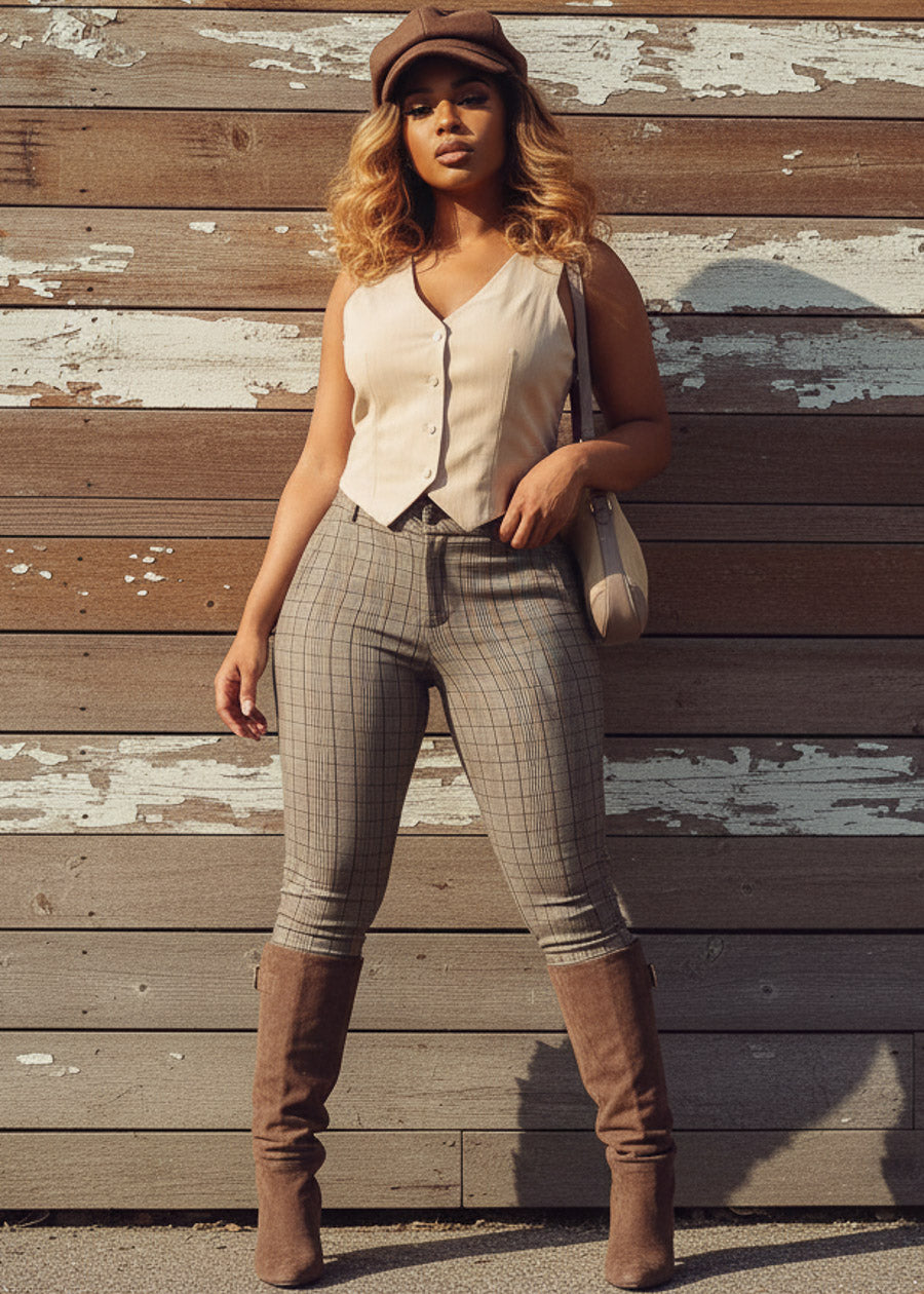 Butt Lift High Waist Plaid Skinny Pants Brown