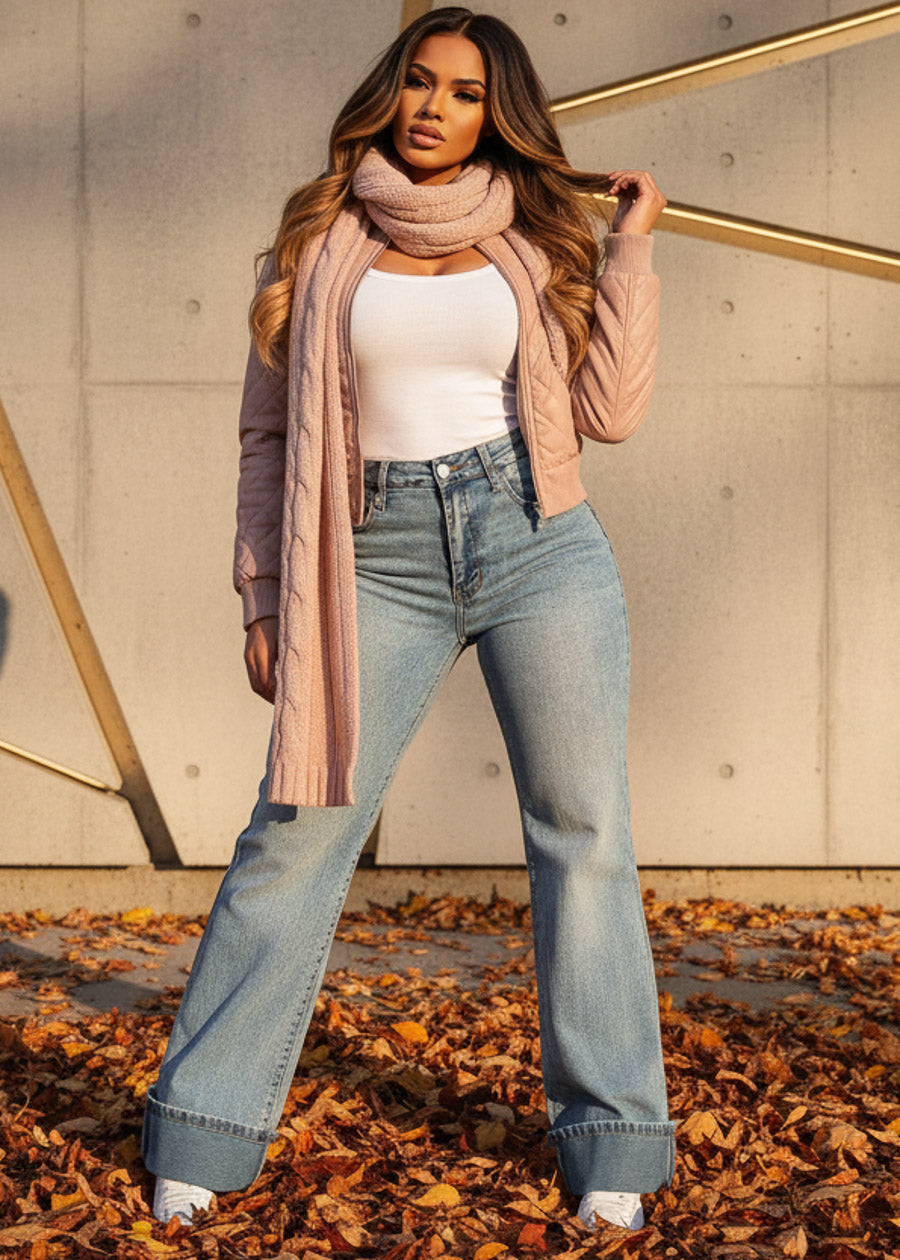 Stretchy High Waist Cuffed Wide Leg Jeans Acid Wash