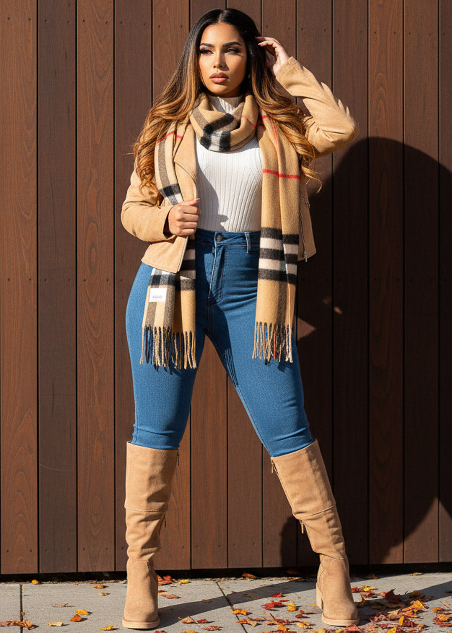 Zip Up Long Sleeve Suede Moto Jacket Khaki