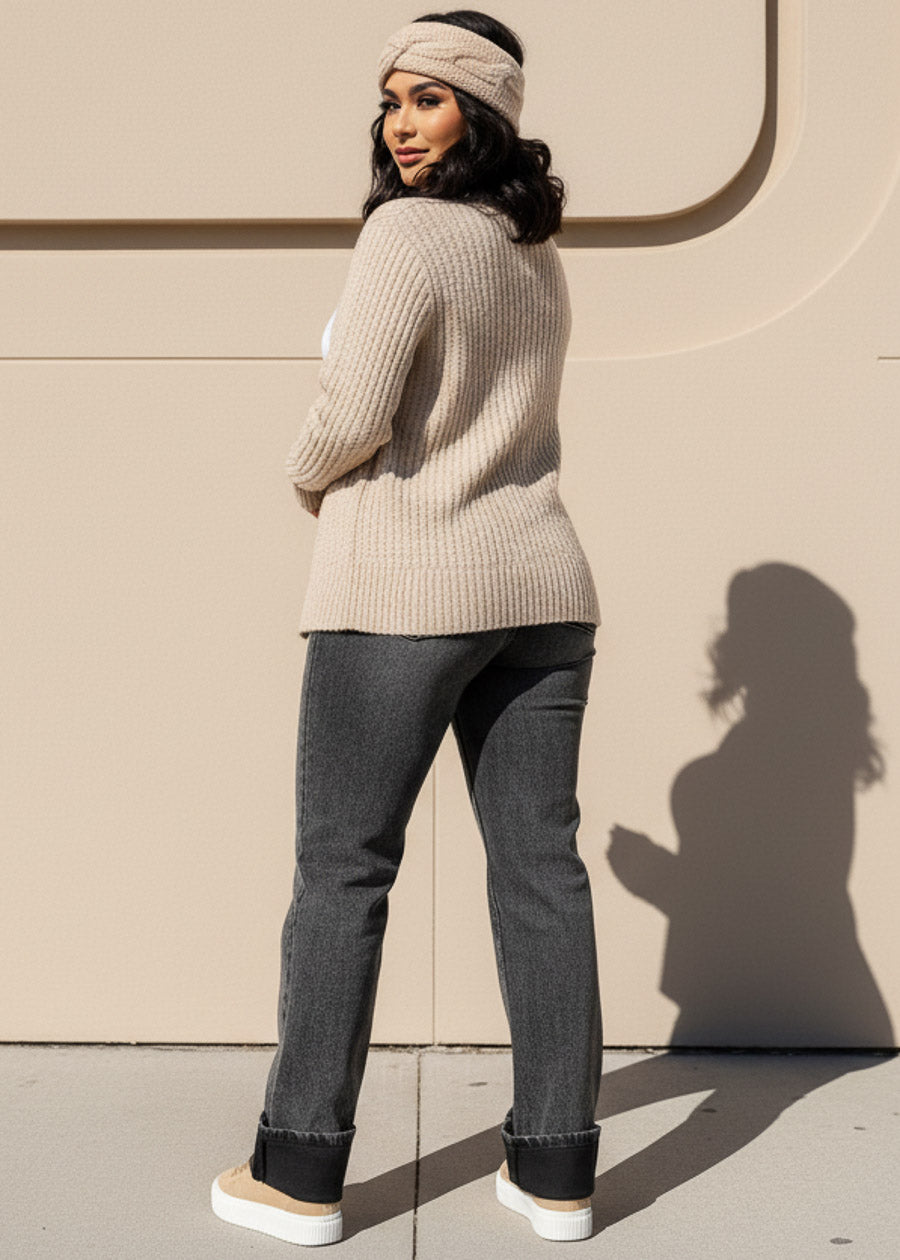 Stretchy High Waist Cuffed Wide Leg Jeans Black Acid Wash