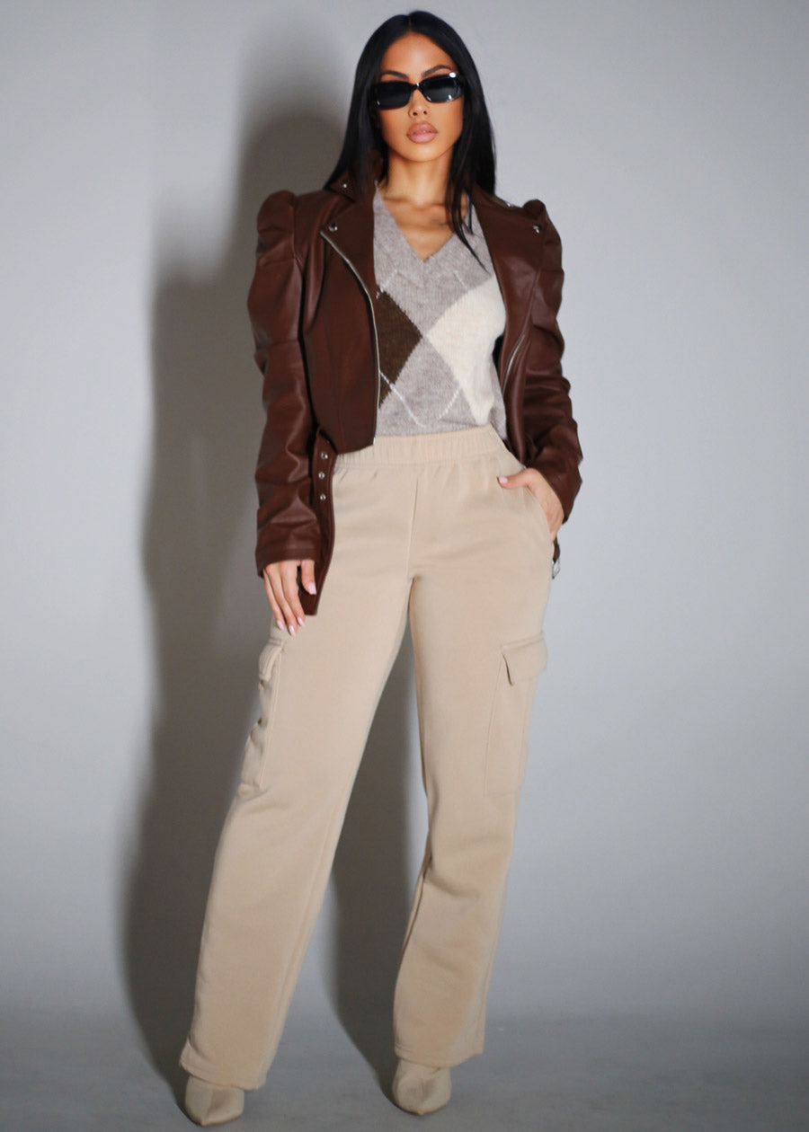 Vegan Leather Puff Sleeve Zip Up Jacket Brown, view 5 of 6