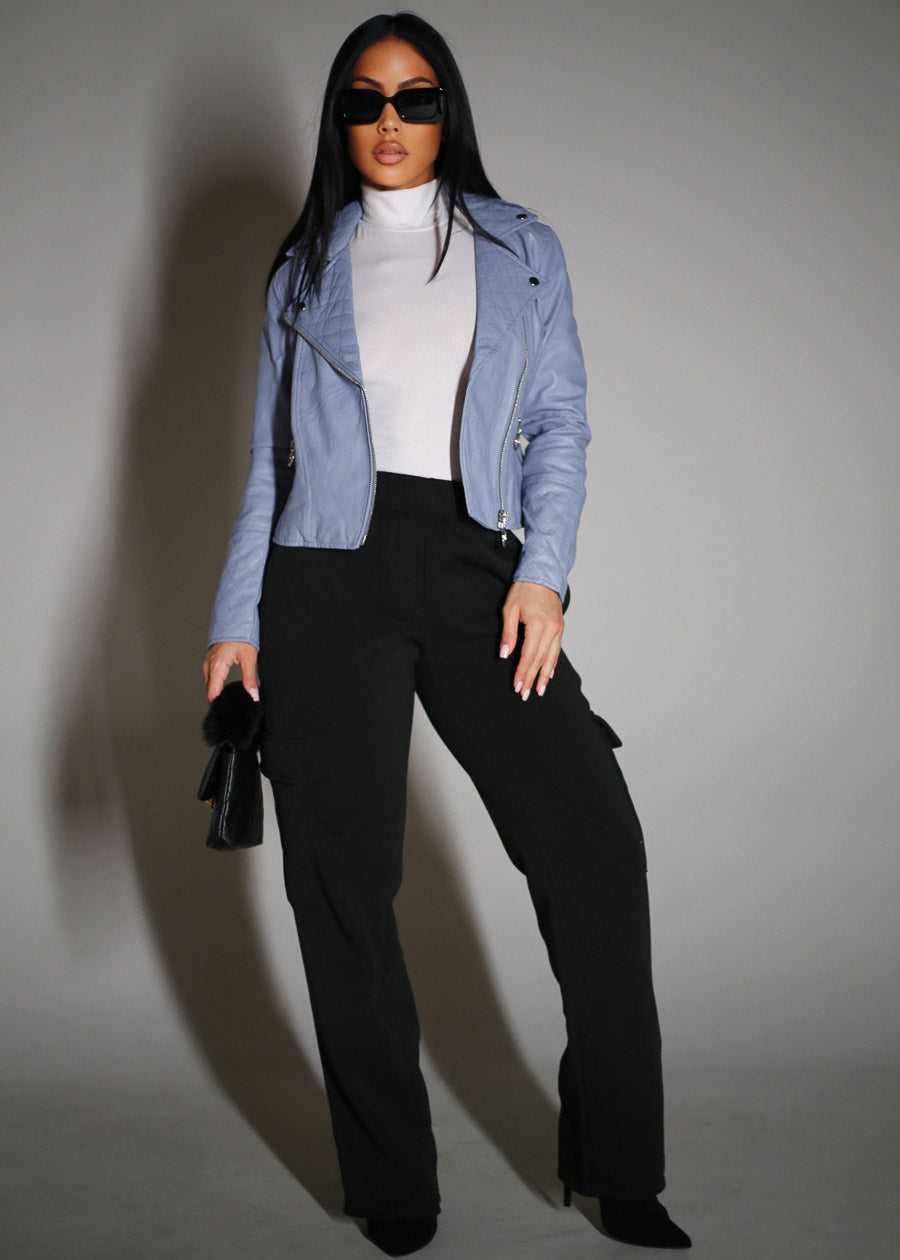 Zip Up Vegan Leather Moto Jacket Dusty Blue