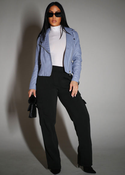 Zip Up Vegan Leather Moto Jacket Dusty Blue